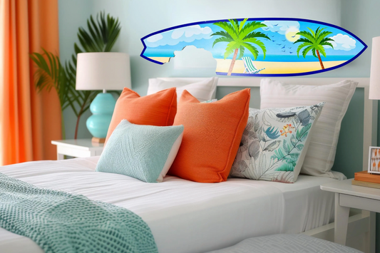 Tropical Palm Trees Surfboard with Shark Bite