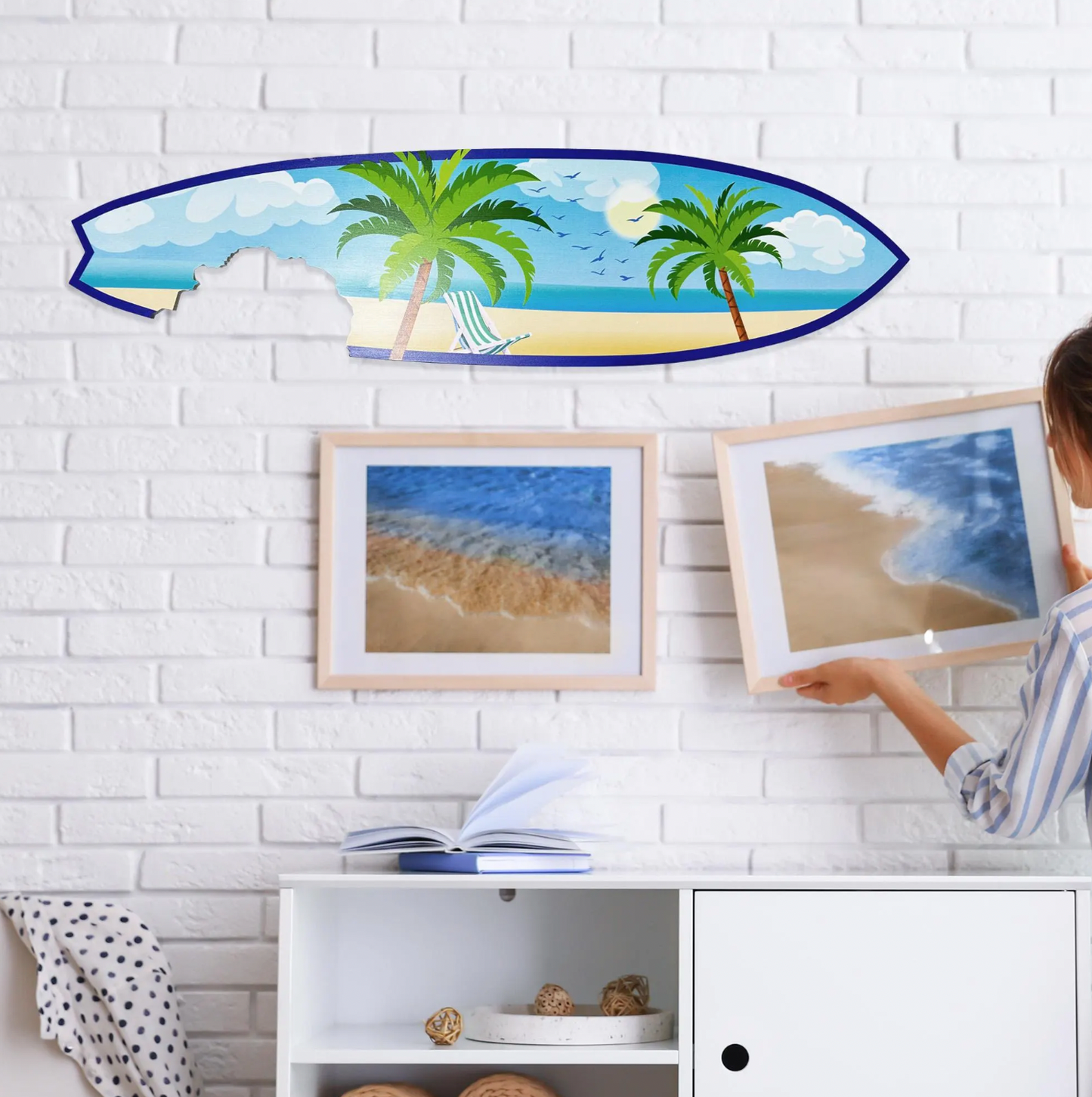 Tropical Palm Trees Surfboard with Shark Bite